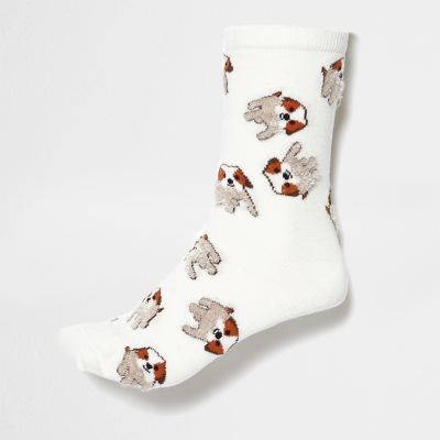 White dog print socks